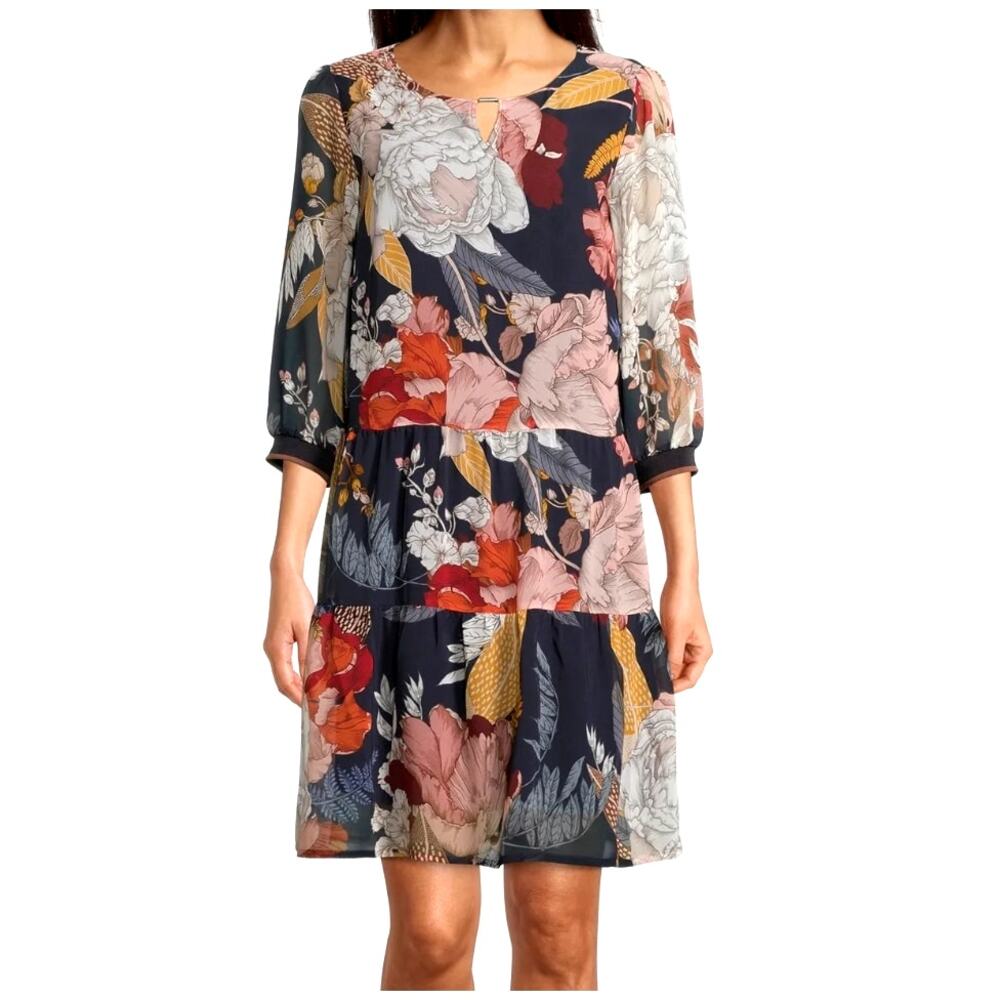 Betty Barclay Floral Chiffon Day Dress Navy Blue Shift Dress 3/4 Sleeve Sz 8
